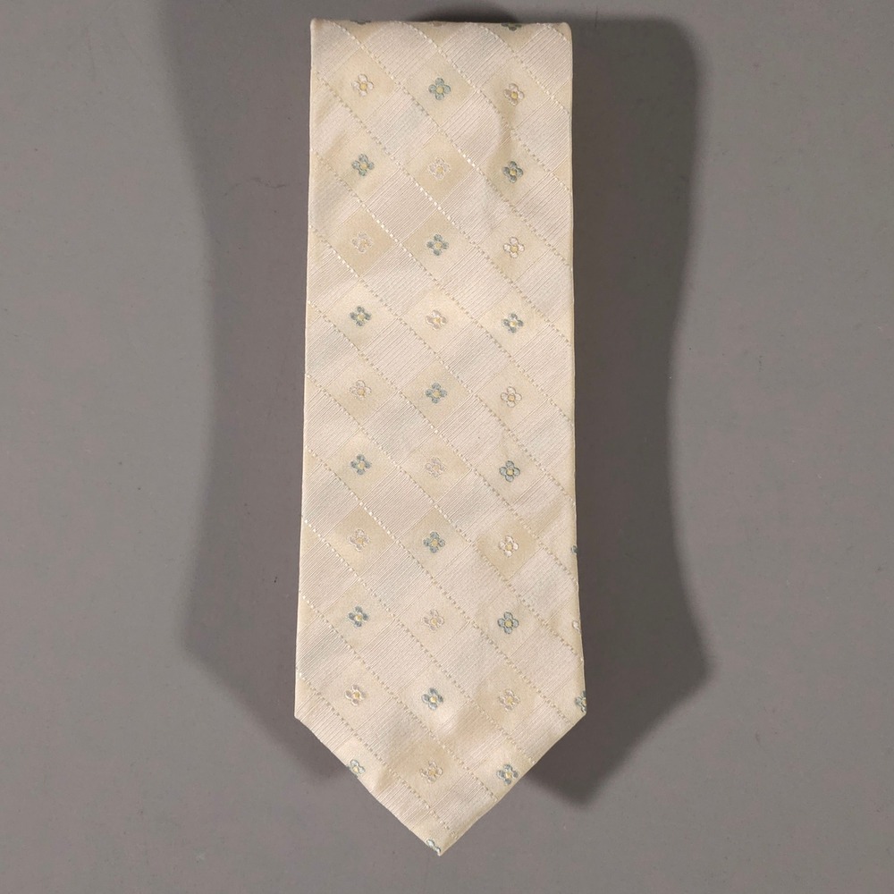 Hugo Boss Necktie Mens OS Cream Floral Diamond Grid Silk Made in Italy
